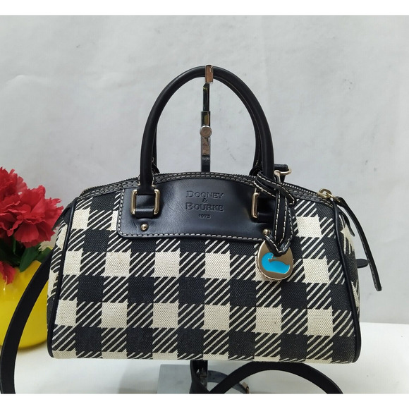Dooney & Bourke Black White Checker Canvas Leather Trim Top Handle Satchel Bag - Picture 1 of 16